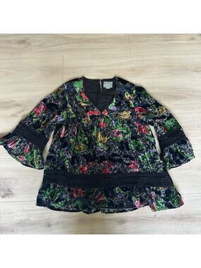Anthropology Maeve- Velvet Floral V-Neck Peasant Blouse - Black Multi